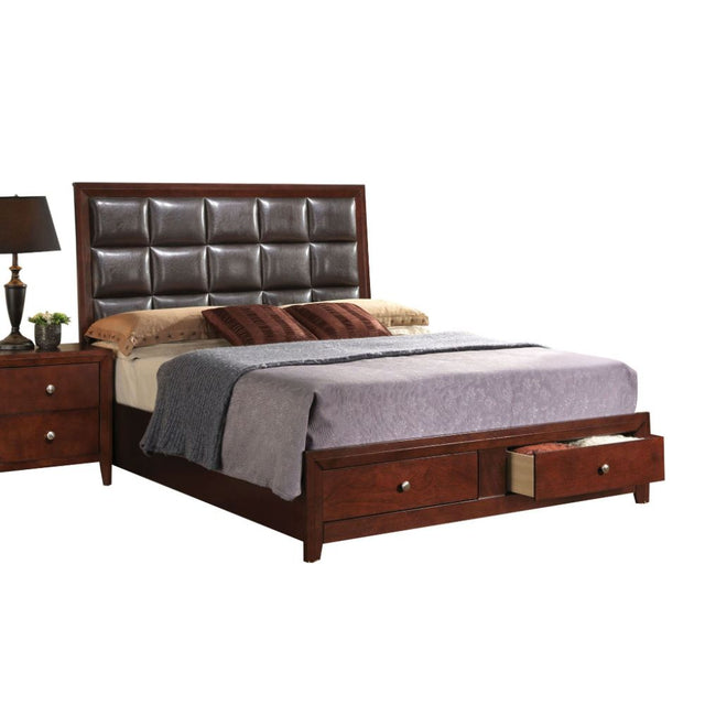 Acme - Ilana II Queen Bed W/Storage 24590Q Brown Synthetic Leather & Brown Cherry Finish