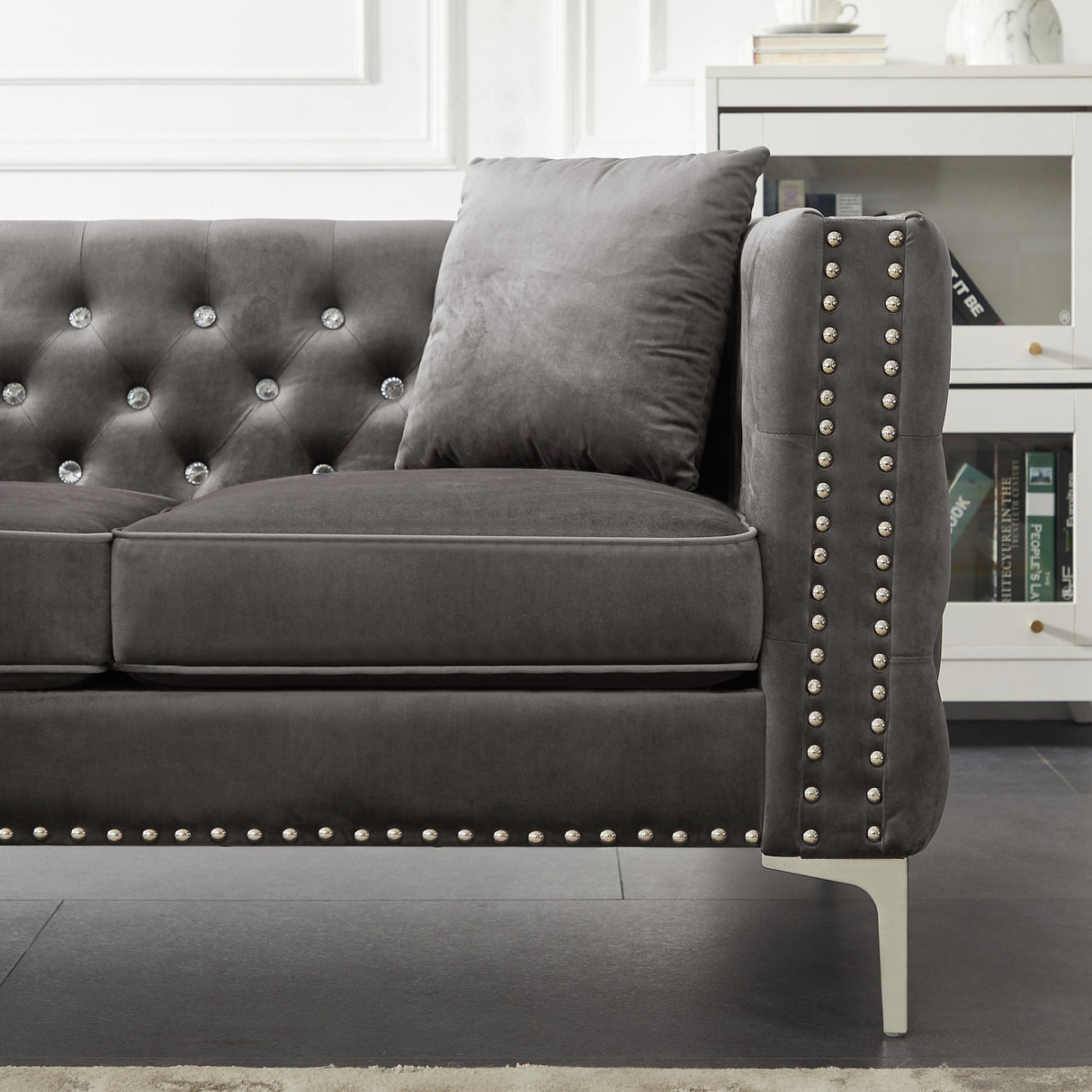 82.3" Width Modern Velvet Sofa Jeweled Buttons Tufted Square Arm Couch Grey,2 Pillows Included | Home Elegance USA