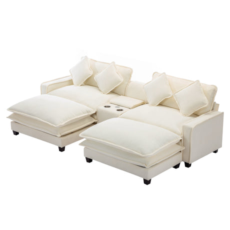 Chenille Upholstered Sectional Sofa with Removable Ottoman, USB Ports, Cup Holders, and Storage, Beige, 111' - sold by Home Elegance USA