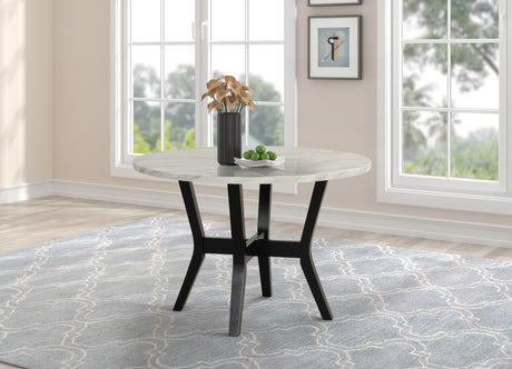 5pc Dining Set Faux Marble Top Table Solid Rubber Wood PU Upholstered Chair White Top Black Base Round Shape Dining Room Furniture - sold by Home Elegance USA