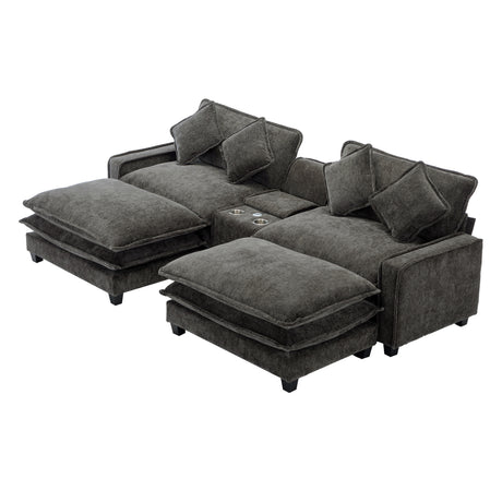 Modern Chenille Upholstered Sectional Sofa with Ottomans, USB Ports, Cup Holders, and Storage in Grey - sold by Home Elegance USA