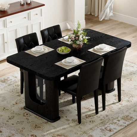 Table and chair set.64.5 x 35.4 Inch Stylish Black Wood Color Textured Dining Table.4-pack black PU dining chairs: ergonomic buckle backrest.Exudes A Strong Sense Of Fashion. - sold by Home Elegance USA