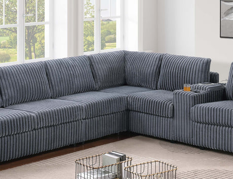 Modern Style L-Shape 4pc Sectional Set Dark Gray Finish Reversible Loveseat USB Ports Cup Holder Armless Chair Plastic Legs Corduroy Upholstered Primary Living Room - sold by Home Elegance USA