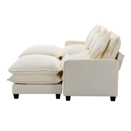 Chenille Upholstered Sectional Sofa with Removable Ottoman, USB Ports, Cup Holders, and Storage, Beige, 111' - sold by Home Elegance USA