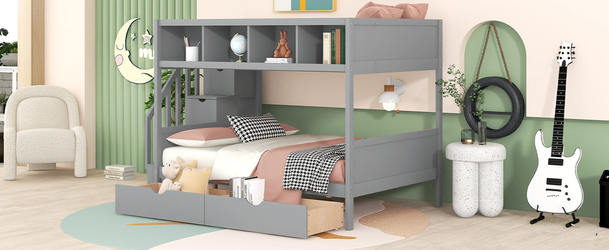 Twin over Full Bunk Bed with Shelfs, Storage Staircase and 2 Drawers, Gray - Home Elegance USA