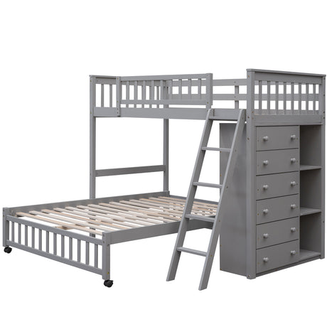 Wooden Twin Over Full Bunk Bed With Six Drawers And Flexible Shelves,Bottom Bed With Wheels,Gray(OLD SKU:LP000531AAE) - sold by Home Elegance USA