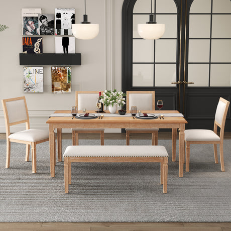 TREXM Vintage Extendable Dining Table Set for 6 with 4 Chairs & Bench, 59 to 72-Inch Rustic Farmhouse Kitchen Table Set with Distressed Finish and Retro Carved Legs (Natural Wood Wash) - sold by Home Elegance USA