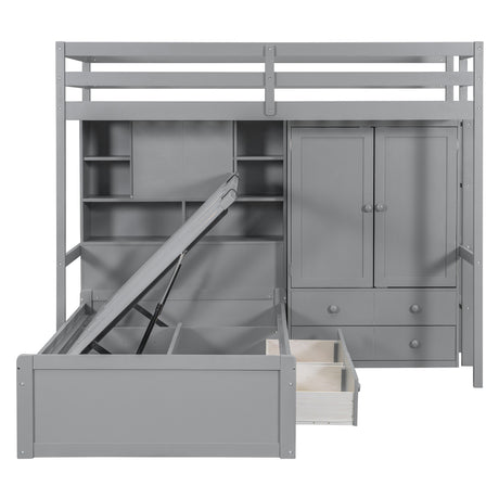 Twin Bunk Bed with Drawers, Wardrobe, Storage Shelves and Hydraulic Bed,Gray - sold by Home Elegance USA