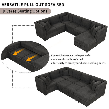 U-shaped Sectional Sofa Pull Out Bed with USB Ports, Power Sockets, Back Pillows & Storage Chaise, Black Chenille, 108.6' - sold by Home Elegance USA
