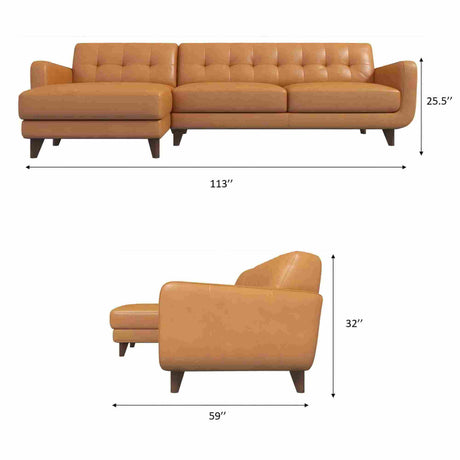 Allison Right-Facing Tan Leather Sectional Sofa Mid-Century Modern Style 113 x 59 x 32 Inches - sold by Home Elegance USA
