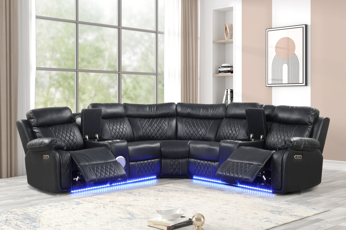 Sillón reclinable eléctrico seccional estilo moderno Lacrosse con altavoz Bluetooth y LED hecho con madera y metal en color negro (INVENTARIO DE CA)