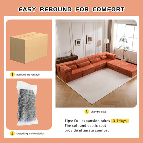 Compression Mahjong Sofa,Convertible Floor Sofa Bed,DIY Boneless Modular Sectional Sofa,No Assembly Required,Circle fleece fabric,Oversized 4 Seater with 2 Ottoman,Orange - sold by Home Elegance USA