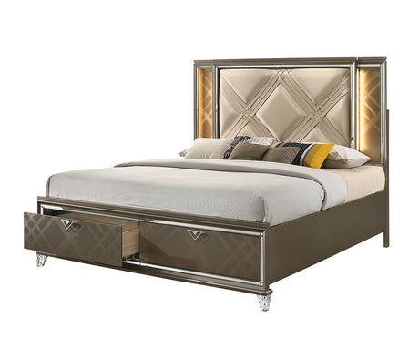 Acme - Skylar EK Bed W/Led & Storage 25317EK Synthetic leather & Dark Champagne Finish