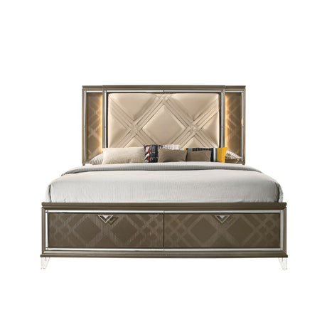 Acme - Skylar Queen Bed W/Led & Storage 25320Q Synthetic leather & Dark Champagne Finish