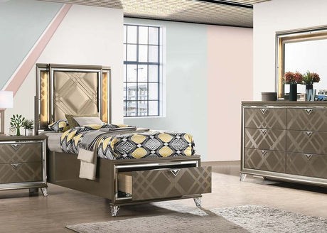 Acme - Skylar Full Bed W/Led & Storage 25335F Synthetic leather & Dark Champagne Finish