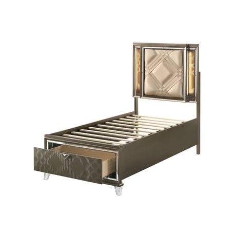 Acme - Skylar Twin Bed W/Led & Storage 25340T Synthetic leather & Dark Champagne Finish