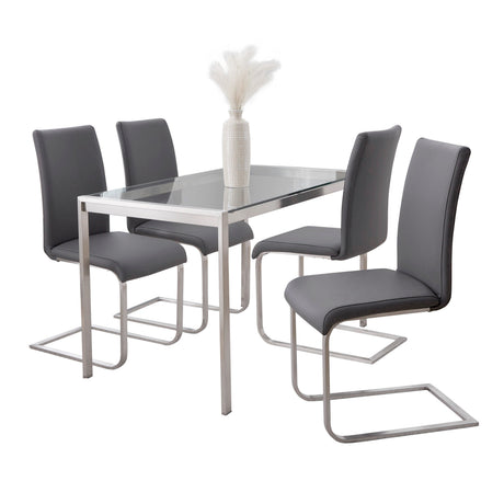 Fuji-Foster Contemporary Dining Set in Stainless Steel, Clear Glass and Grey Faux Leather by LumiSource - 5 Piece - sold by Home Elegance USA
