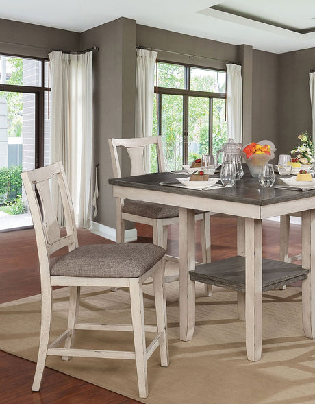 Dining Room Rustic Style Antique White 5pc Dining Set Counter Height Table w Shelf Unique High Chairs Furniture - sold by Home Elegance USA