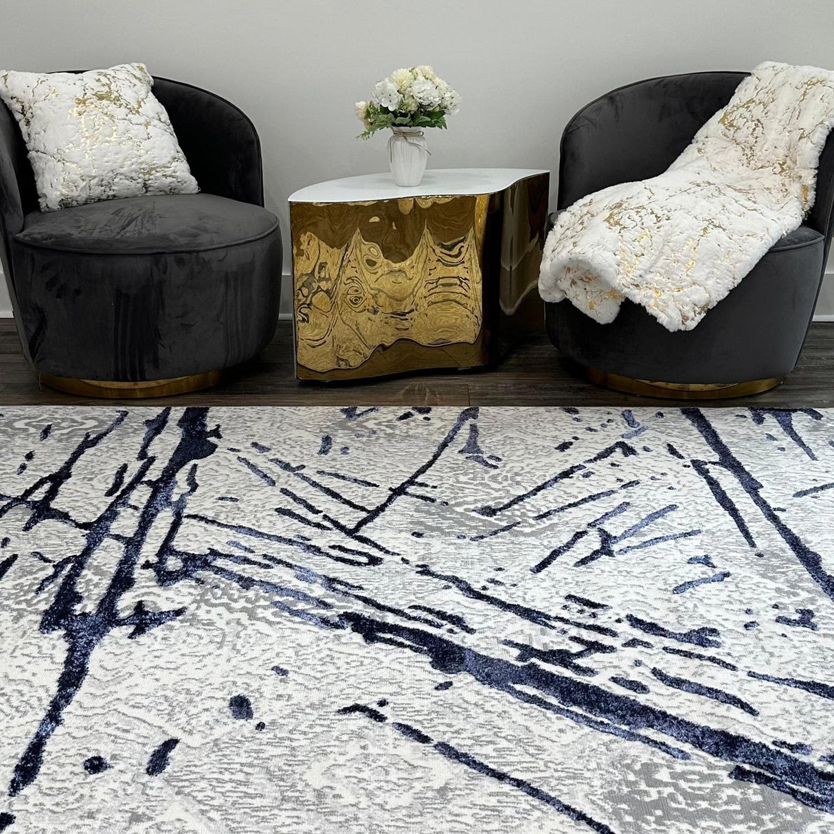 Shifra Luxury Area Rug in Gray with Navy Blue Abstract Design - Home Elegance USA