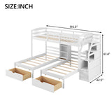 Twin over Twin&Twin Bunk Bed, Triple Bunk Bed with Drawers, Staircase with Storage, Built-in Shelves, White - sold by Home Elegance USA