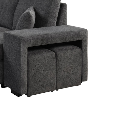 Reversible Sleeper Sectional Sofa Bed with Side Shelf and 2 Stools, Pull-Out L-Shaped Sofa Bed, Velvet Blue Black - sold by Home Elegance USA