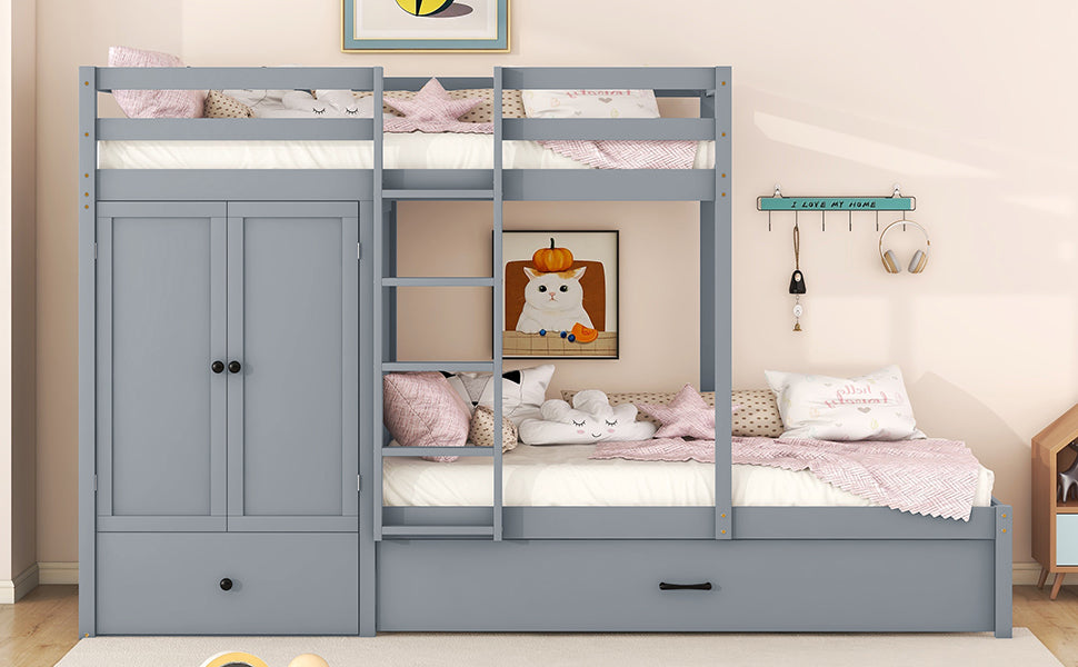 Twin-over-twin Bunk Bed with Wardrobe, Drawers and Shelves, Gray - Home Elegance USA
