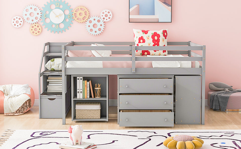 Full Size Loft Bed with Retractable Writing Desk and 3 Drawers, Wooden Loft Bed with Storage Stairs and Shelves, Gray - Home Elegance USA