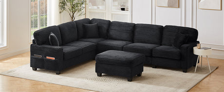Upholstered U-shaped Sectional Sofa with Movable Ottoman and Side Storage Pockets in Black Corduroy, 125.2 inches - sold by Home Elegance USA