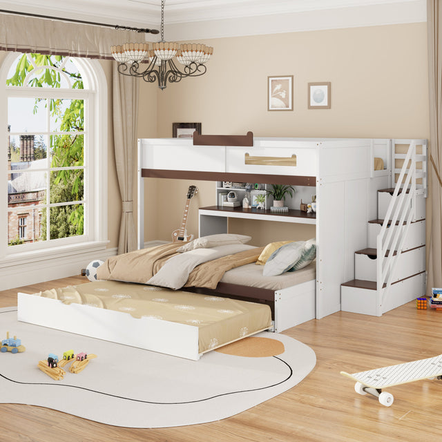 Full Over Full Bunk Bed with Twin Size Trundle and Staircase, Shelves, LED,White - sold by Home Elegance USA