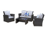 4-Pieces PE Rattan Wicker Outdoor Patio Furniture Set with Grey Cushions