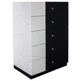 Modern Bedroom 5-Drawer Chest Lacquer Finish Wood Storage Unit, Clothes Organizer, Geometric Pattern and Crystal Knob, Black/White