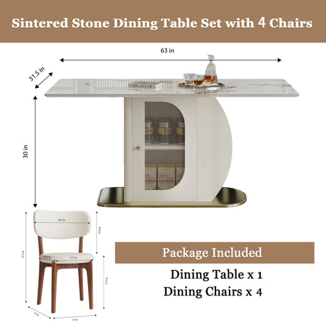 Modern 63' 4-6 Person Dining Table Set with Storage, Burnt Stone Top & Gold Solid Wood Base, Includes 4 White PU Chairs for Kitchen, Apartment - sold by Home Elegance USA