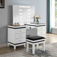 Contemporary Style 1pc Vanity Set Tri-Fold Mirror 14pcs Bulbs Black Glass Table Top Upholstered Stool Seat Knob Handles Felt Lined drawers Black And White Finish