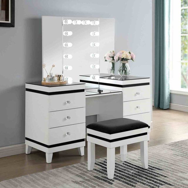Contemporary Style 1pc Vanity Set Tri-Fold Mirror 14pcs Bulbs Black Glass Table Top Upholstered Stool Seat Knob Handles Felt Lined drawers Black And White Finish