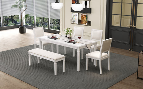 TREXM Vintage Extendable Dining Table Set for 6 with 4 Chairs & Bench, 59 to 72-Inch Rustic Farmhouse Kitchen Table Set with Distressed Finish and Retro Carved Legs (Washed White) - sold by Home Elegance USA