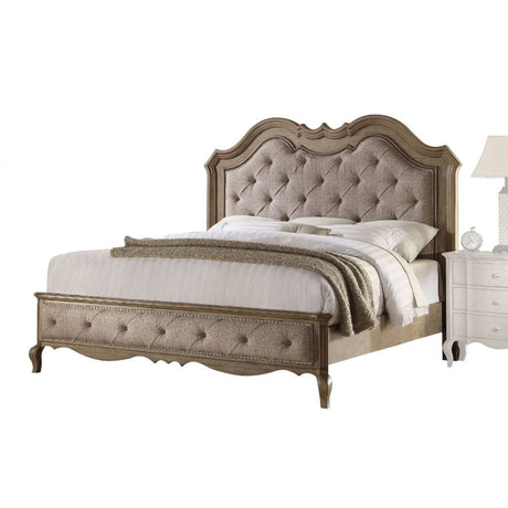 Acme - Chelmsford EK Bed 26047EK Beige Fabric & Antique Taupe Finish