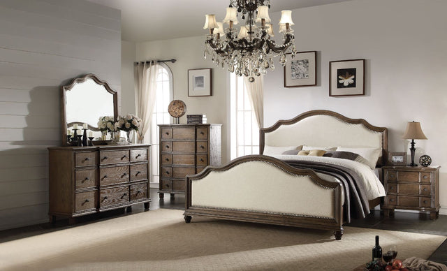 Acme - Baudouin Queen Bed 26110Q Beige Linen & Weathered Oak Finish