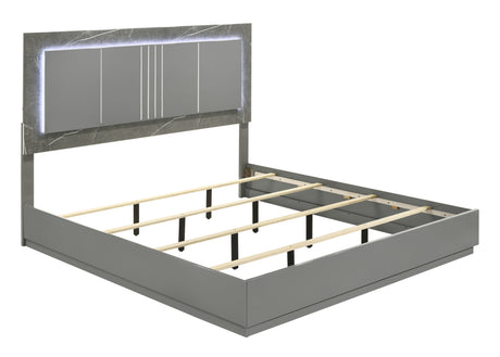 Elara Queen 4-Piece Set – Two-Tone High-Gloss Marble & Lacquer Finish with LED Lighting, Metal-Finished Legs- Gray (NJ Inventory) - sold by Home Elegance USA