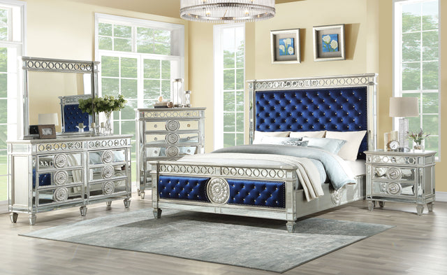 Acme - Varian CK Bed 26144CK Blue Velvet & Mirrored