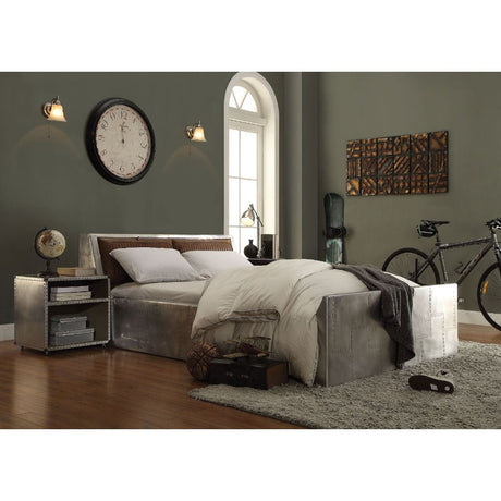 Brancaster Queen Bed 26220Q Retro Brown Top Grain Leather & Aluminum | Acme | Home Elegance USA