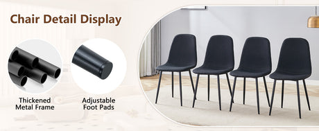 Table and chair set.71*35.4 inch White Grain Spliced Dining Table With Storage Function In The Middle Of The Table Legs.Paired with 8 Black Linen-Cotton Material High Resilience Dining Chair. - sold by Home Elegance USA