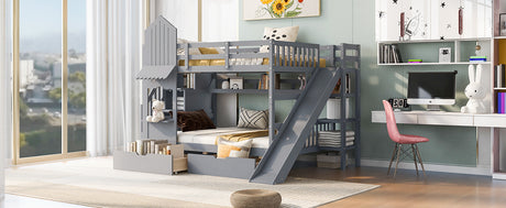 Full-Over-Full Castle Style Bunk Bed with 2 Drawers 3 Shelves and Slide - Gray(OLD SKU:LT000558AAE-2) - sold by Home Elegance USA