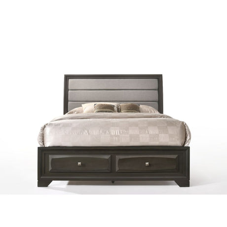 Acme - Soteris EK Bed W/Storage 26537EK Gray Fabric & Antique Gray Finish