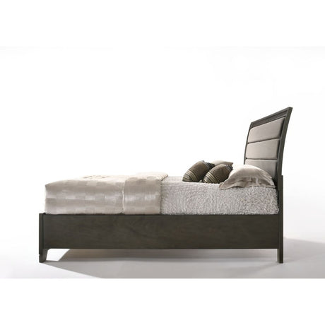 Acme - Soteris EK Bed W/Storage 26537EK Gray Fabric & Antique Gray Finish