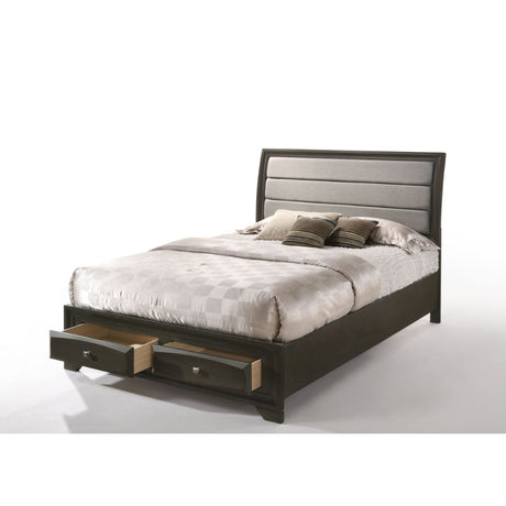 Acme - Soteris Queen Bed W/Storage 26540Q Gray Fabric & Antique Gray Finish