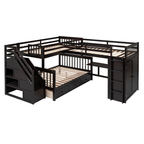 Twin-Twin over Full L-Shaped Bunk Bed With 3 Drawers, Portable Desk and Wardrobe, Espresso(OLD SKU:LT100542AAP) - sold by Home Elegance USA