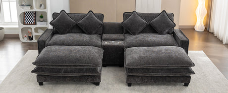 Modern Chenille Upholstered Sectional Sofa with Ottomans, USB Ports, Cup Holders, and Storage in Grey - sold by Home Elegance USA