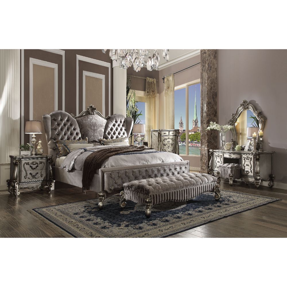 Acme - Versailles EK Bed 26817EK Velvet & Antique Platinum Finish