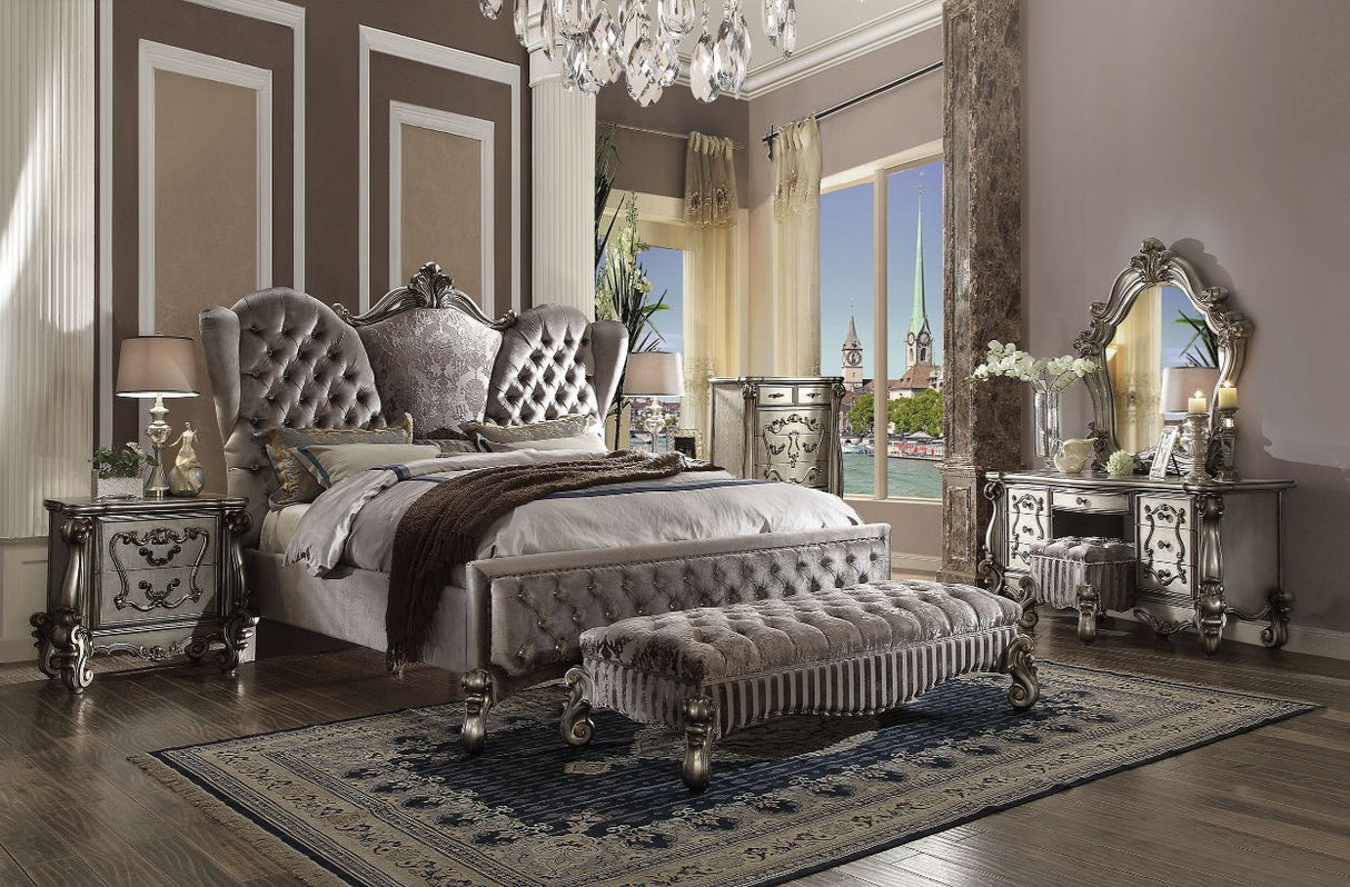 Acme - Versailles Queen Bed 26820Q Velvet & Antique Platinum Finish