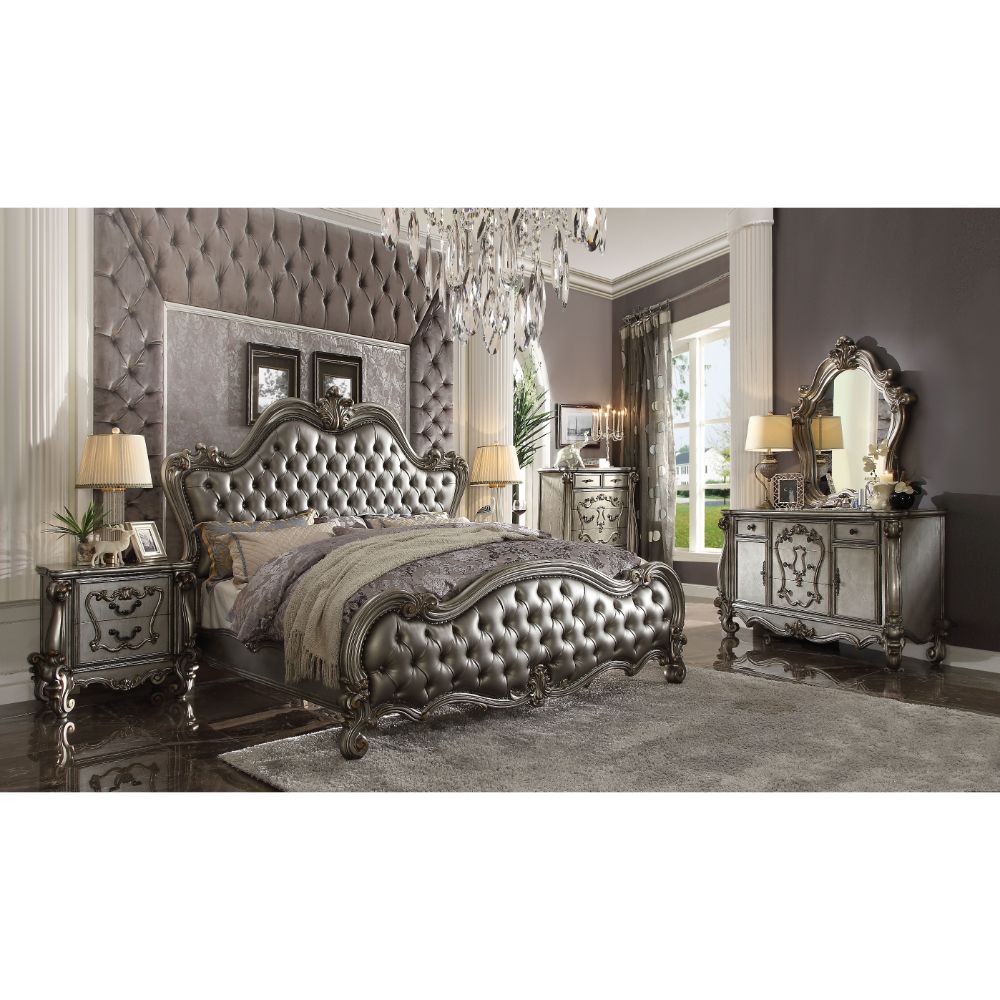 Acme - Versailles II CK Bed 26834CK Silver Synthetic Leather & Antique Platinum Finish